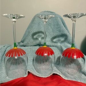Set of Three Red Flower Wine Glasses